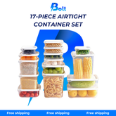 Set of 17 airtight food containers of various sizes and capacities with white lids.