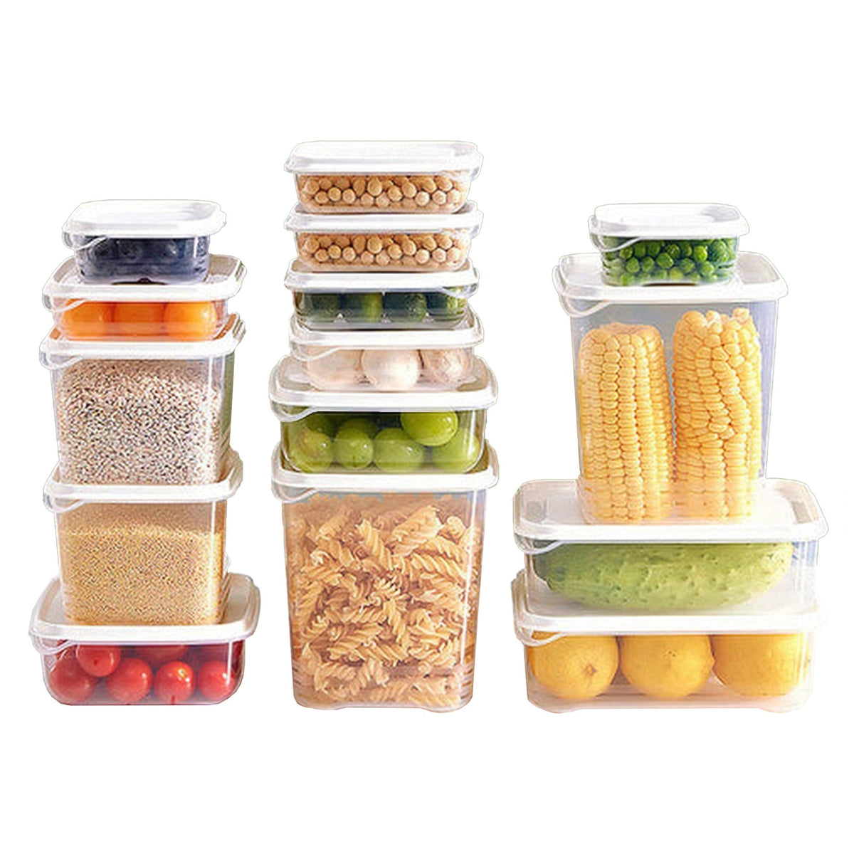 Set of 17 airtight food containers of various sizes and capacities with white lids.