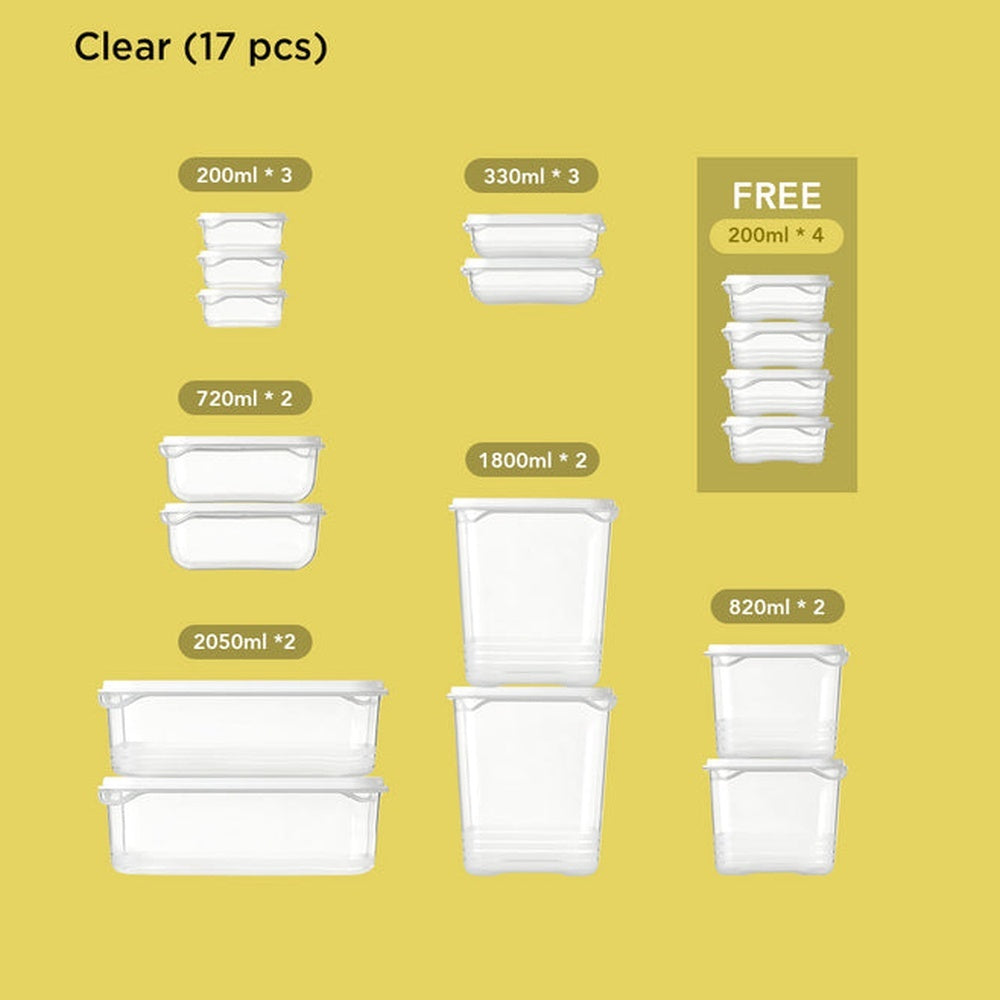 Set of 17 airtight food containers of various sizes and capacities with white lids.