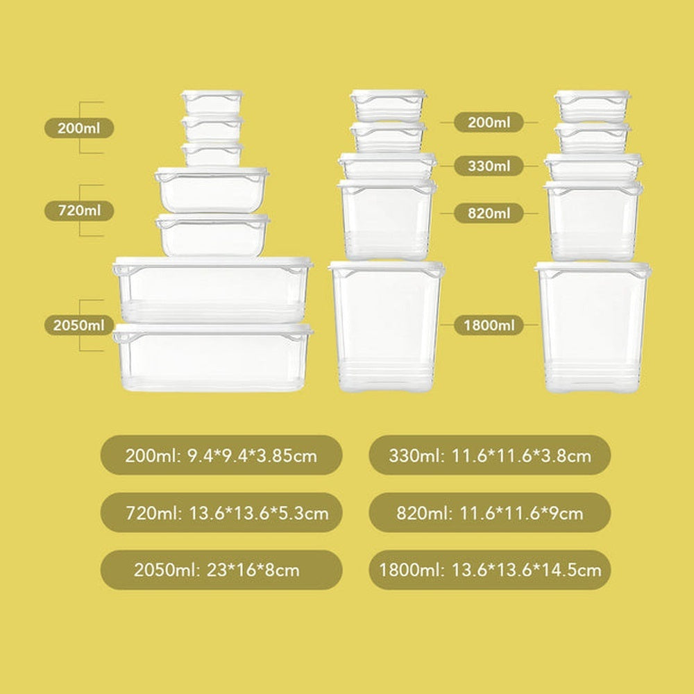 Set of 17 airtight food containers of various sizes and capacities with white lids.