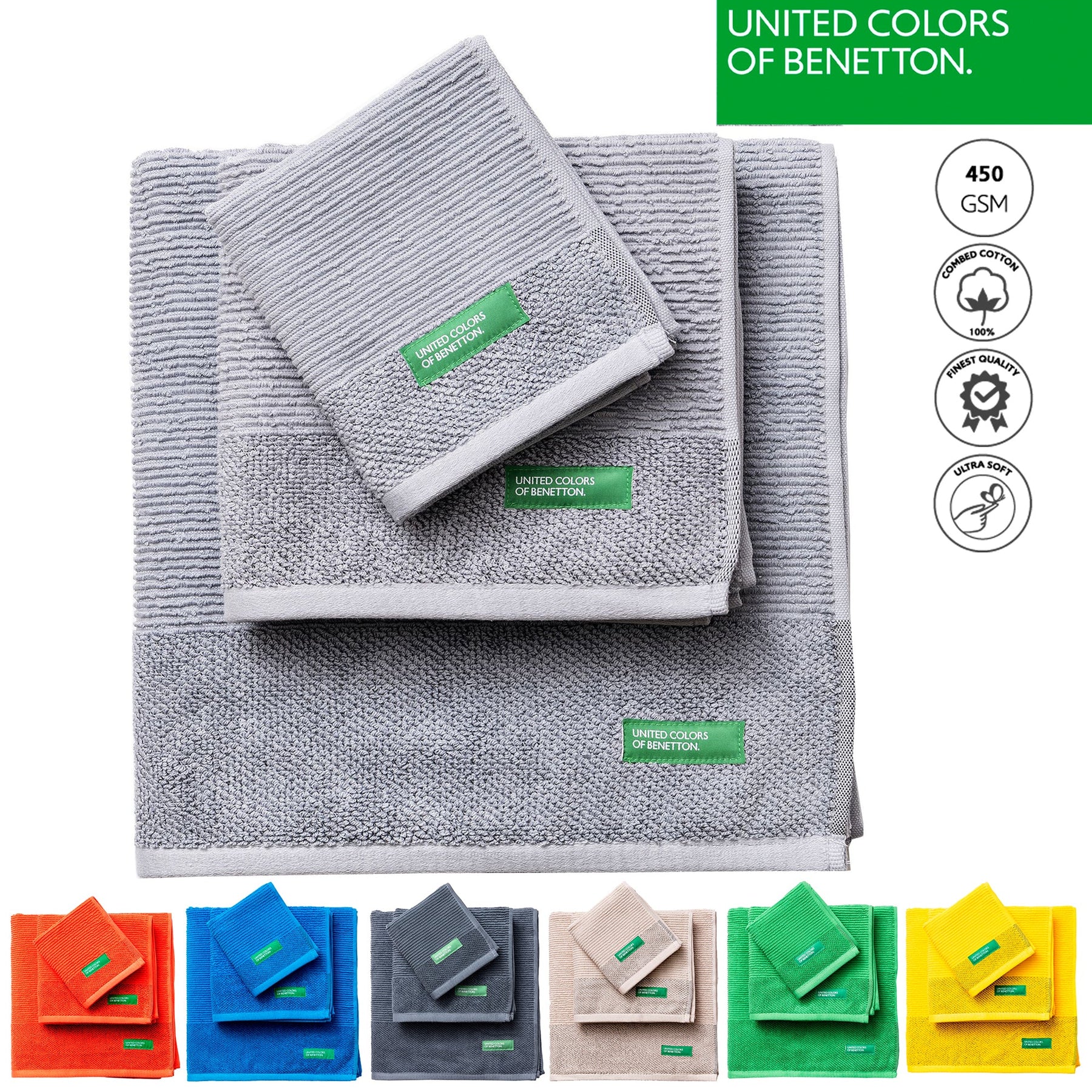 Set of 3 Benetton Cotton Towels 450GSM: Hand Towel, Face Towel, and Bath Towel. Ultra Soft, Absorbent, and Durable