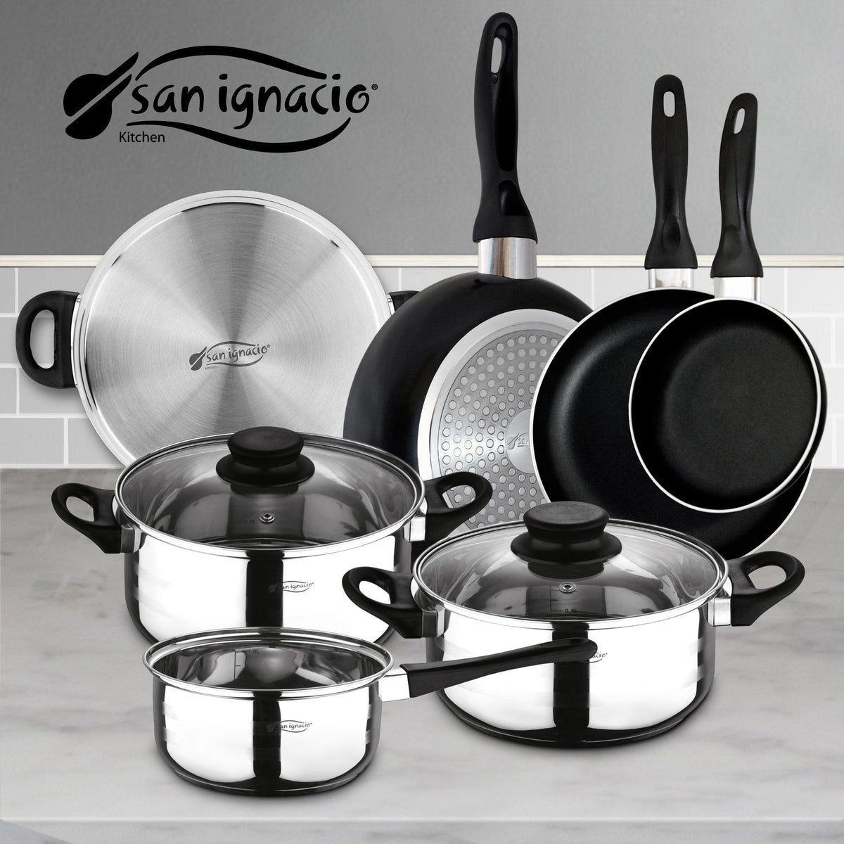 Set of 3 Frying Pans Ø16/20/24 and 5-Piece Cookware Set San Ignacio Pressed Aluminum and Stainless Steel. Induction Compatible.