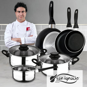 Set of 3 Frying Pans Ø16/20/24 and 5-Piece Cookware Set San Ignacio Pressed Aluminum and Stainless Steel. Induction Compatible.