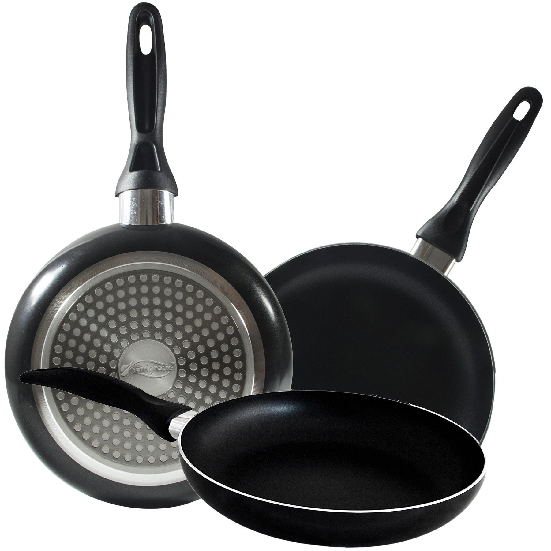 Set of 3 Frying Pans Ø16/20/24 and 5-Piece Cookware Set San Ignacio Pressed Aluminum and Stainless Steel. Induction Compatible.