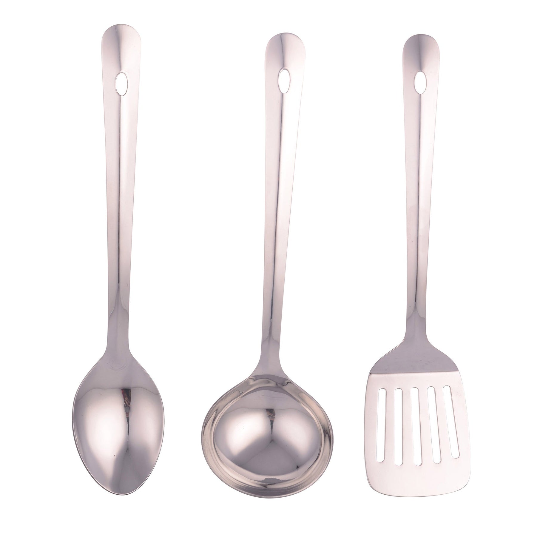 Set of 3 San Ignacio Energy Kitchen Utensils in Stainless Steel. Turner, Slotted Spoon, and Ladle. Dishwasher Safe.