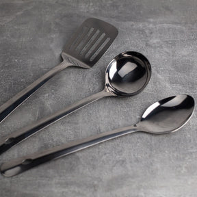 Set of 3 San Ignacio Energy Kitchen Utensils in Stainless Steel. Turner, Slotted Spoon, and Ladle. Dishwasher Safe.