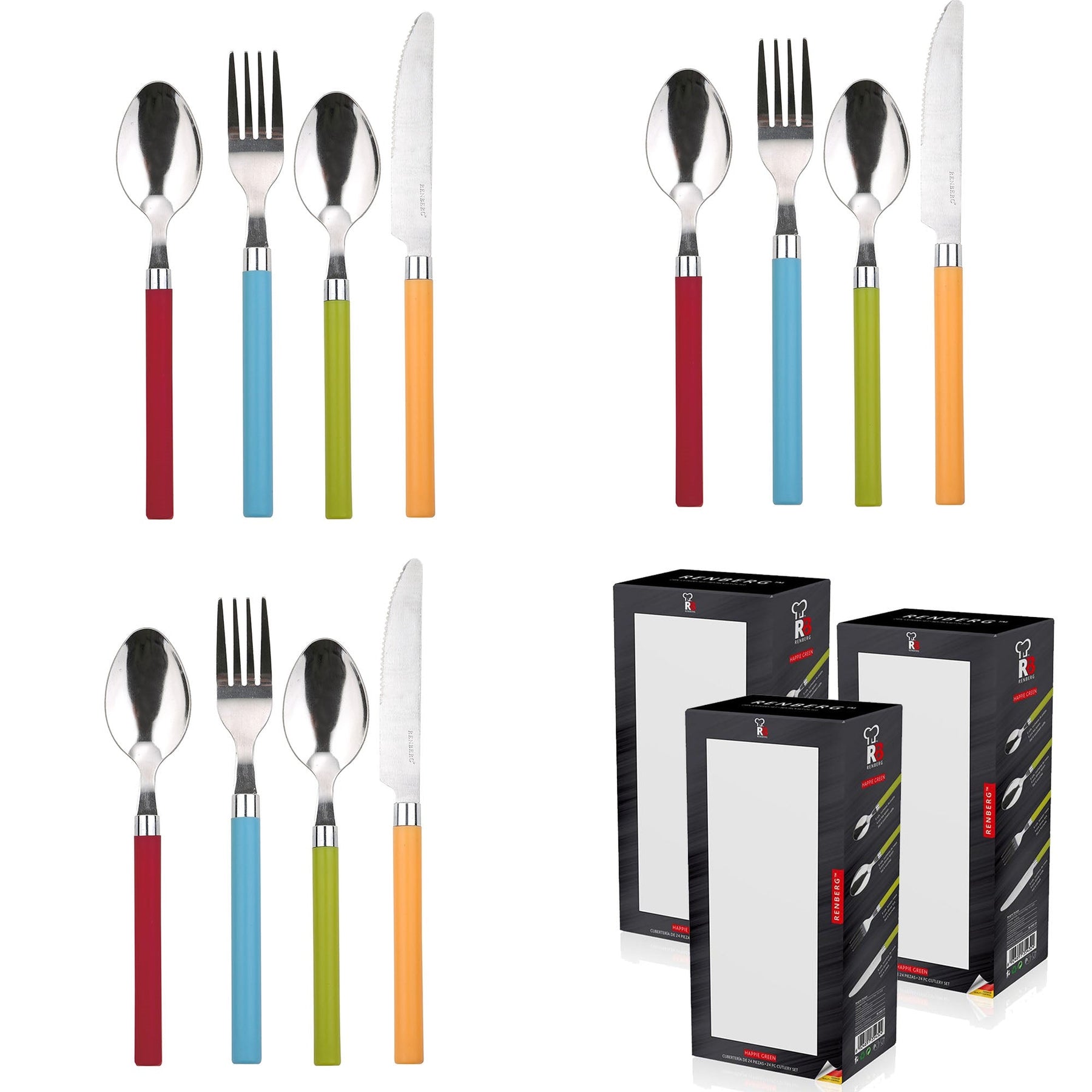 Set of 3 Happie Colors Flatware Sets: 24 Stainless Steel Pieces with Multicolor Handles